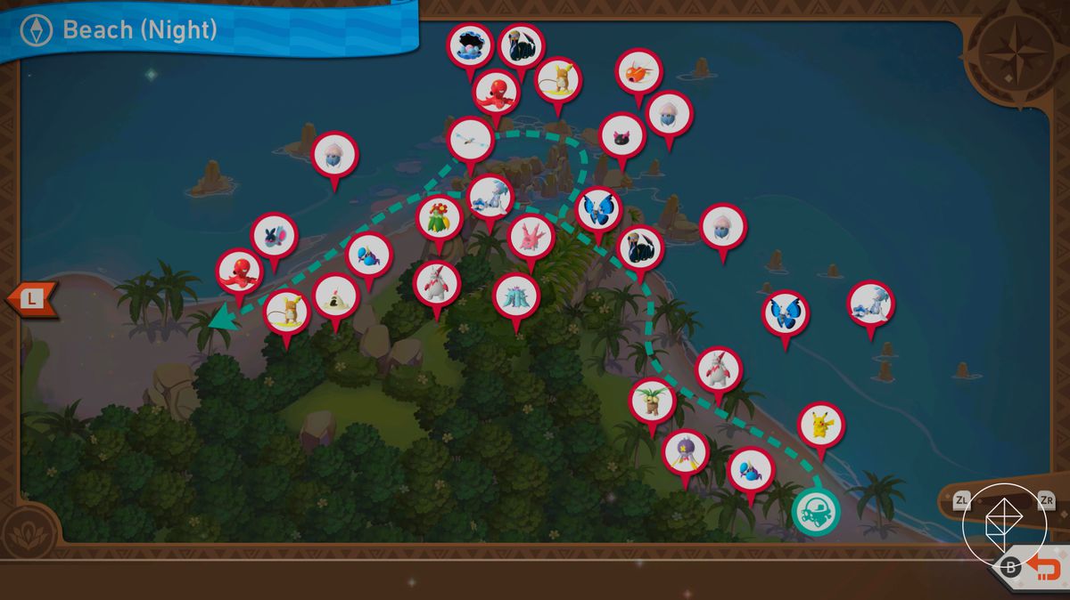A map showing the different Pokémon at Blushing Beach at night