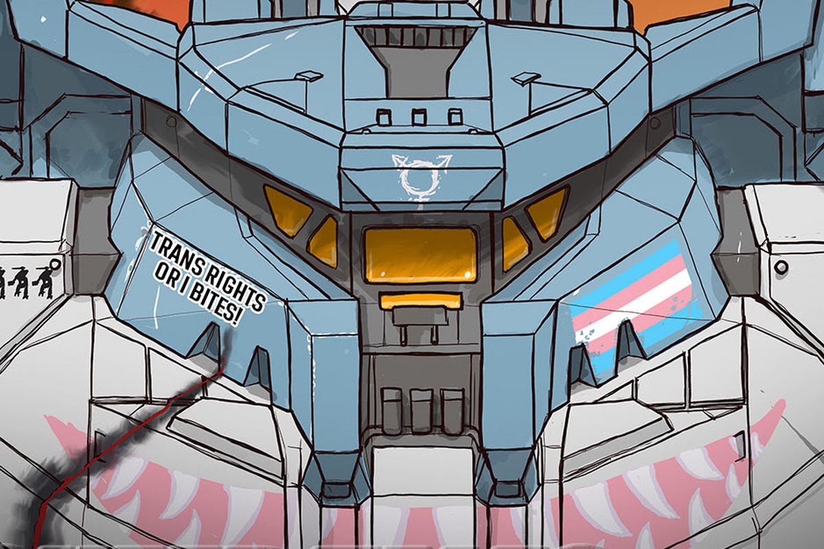 A BattleMech painted in trans colors with a trans flag on its cheek. A notation on the other cheek says “Trans rights or I bits!” From the cover of BattleTech Pride Anthology 2023.