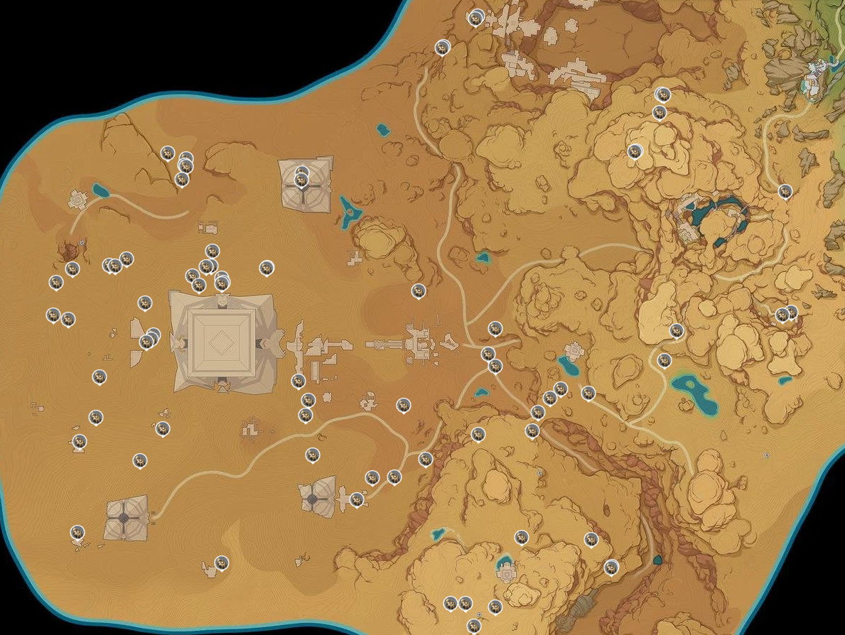 A map of a vast desert showing the location of several Scarab beetles