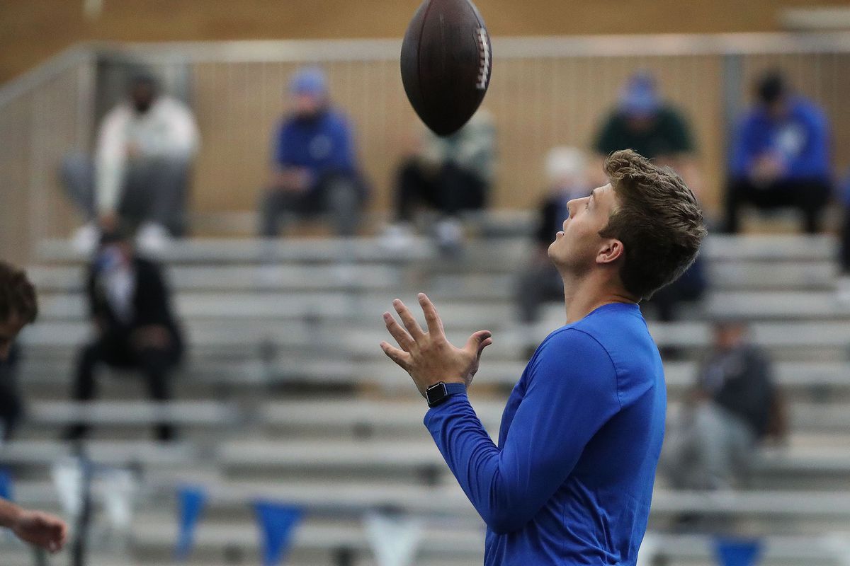 Quarterback Zach Wilson tosses the ball during BYU pro day in Provo on Friday, March 26, 2021.