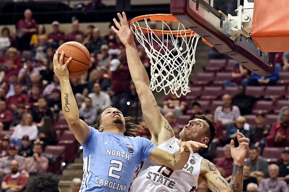 North Carolina's freshman point guard, Cole Anthony started off playing well, but he struggled to make shots down the stretch as his team lost to Florida State today.  (Photo: Melina Myers/USA Today Sports, via SB Nation's Tar Heel Blog.)