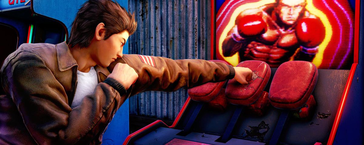 The player character plays a boxing arcade game in early screenshots from Shenmue 3.