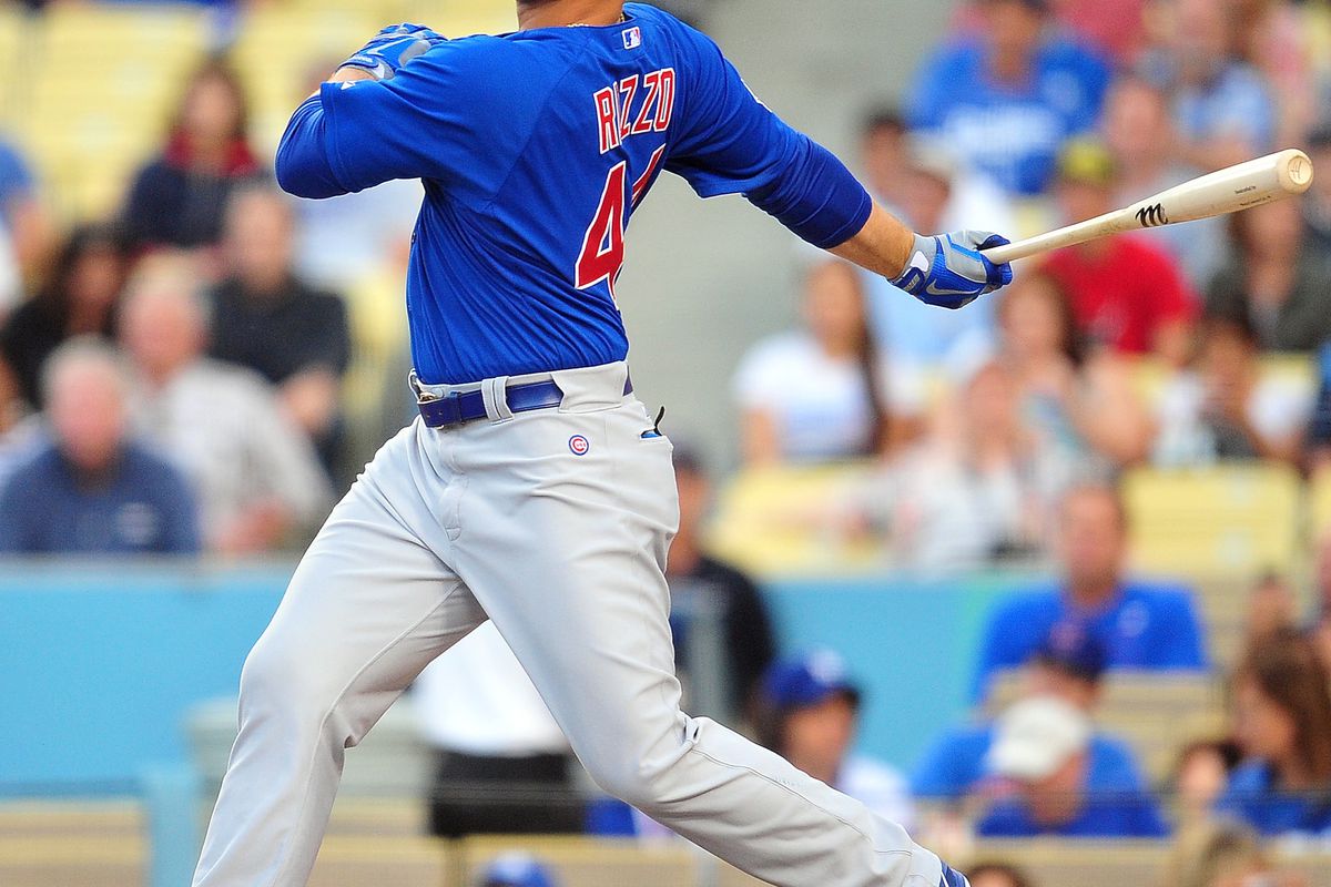 Los Angeles, CA, USA; Chicago Cubs first baseman Anthony Rizzo hits a single against the Los Angeles Dodgers at Dodger Stadium. Credit: Gary A. Vasquez-US PRESSWIRE