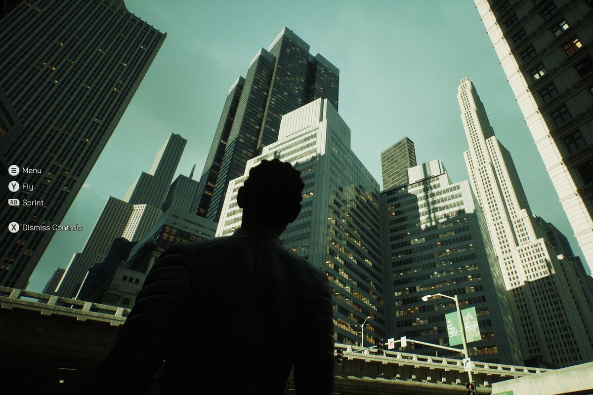 Screenshot of a game character looking at photorealistic skyscrapers.