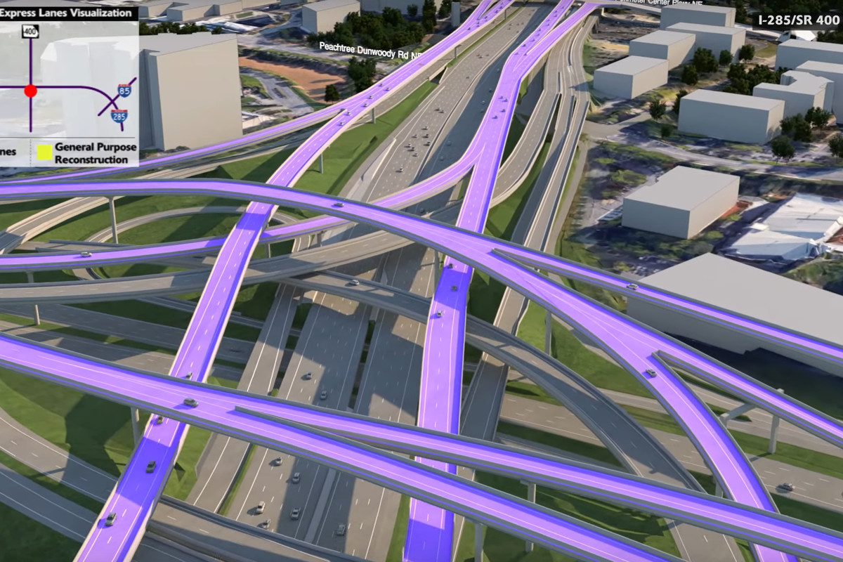 A rendering shows in purple the new express lanes weaving through the existing infrastructure.