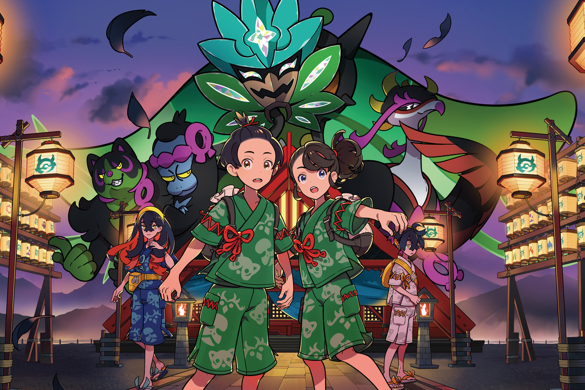 Art for Pokémon Teal Mask DLC. It shows two trainers at a village festival in traditional Japanese garb. 