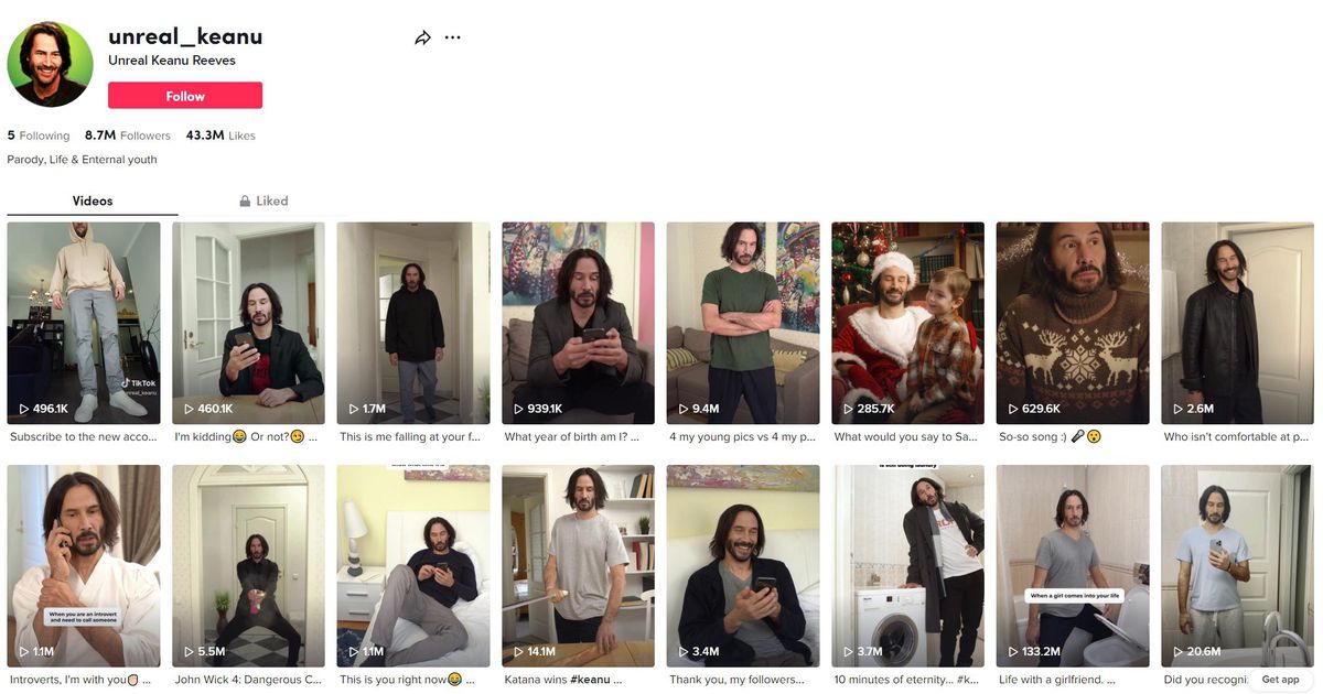 A screenshot of the profile page for the TikTok user @unreal_keanu, which posts deepfake videos of actor Keanu Reeves