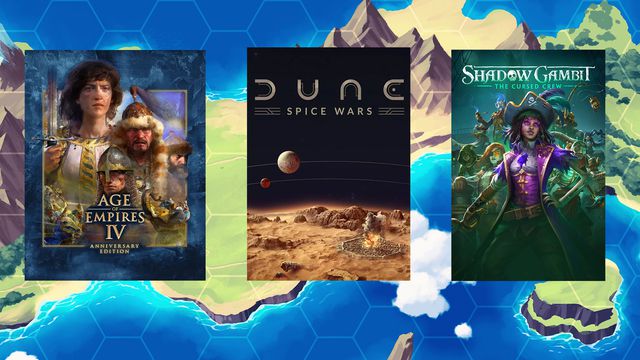 Cover art of Age of Empires 4, Dune: Spice Wars, and Shadow Gambit: The Cursed Crew