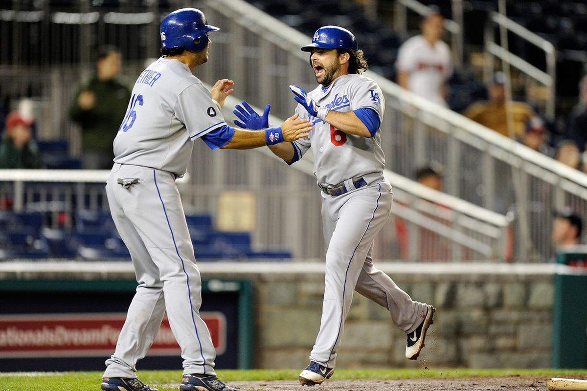 Andre Ethier and Aaron Miles <a href="http://www.youtube.com/watch?v=Ua26qTEK25U" target="new">celebrate Tuesday's win</a>.