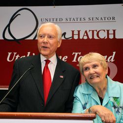 With his wife Elaine by his side, U.S. Senator Orrin Hatch, R-Utah, speaks to his supporters after his primary win over former state senator, Dan Liljenquist, Tuesday, June 26, 2012, at an election party in Salt Lake City.
