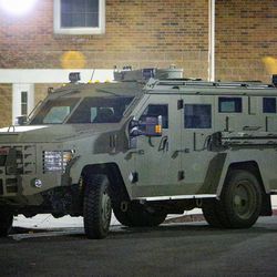 Armored vehicle at the command post at the University of Utah in Salt Lake on Monday, Oct. 30, 2017.