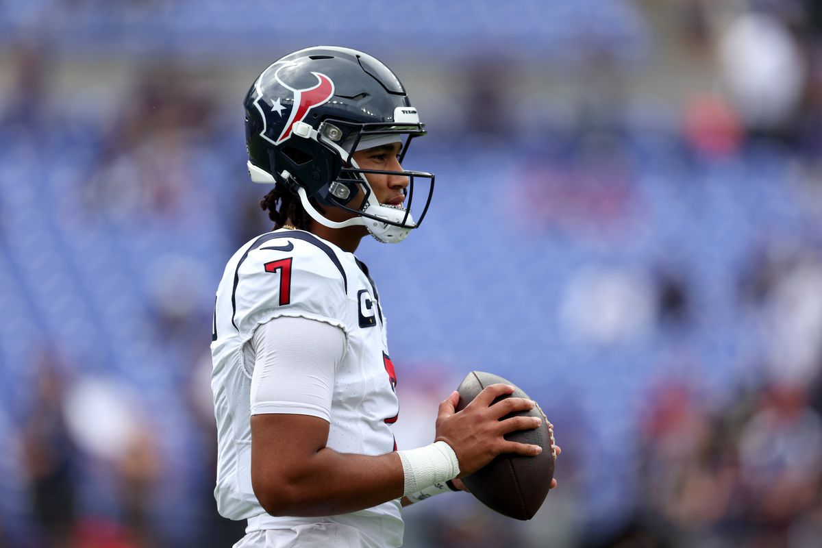 C.J. Stroud #7 of the Houston Texans warms up before the start of the Texans and Baltimore Ravens game at M&amp;T Bank Stadium on September 10, 2023 in Baltimore, Maryland.