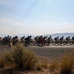 Cyclists ride along SR-73 near Cedar Fort during Stage 4 of the Tour of Utah on Thursday, Aug. 3, 2017.