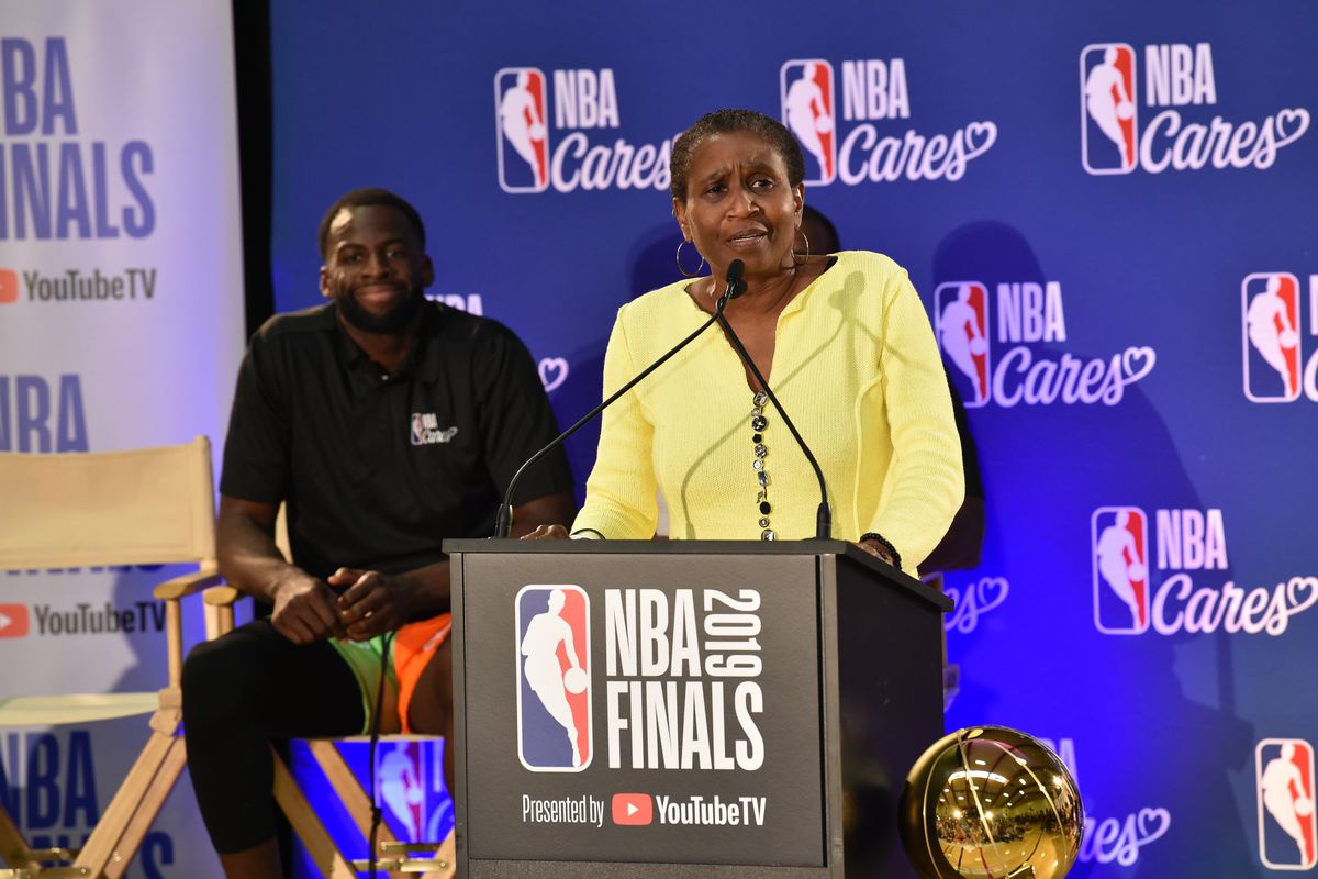 NBPA Executive Director Michele Roberts speaks to the crowd as she takes part in the 2019 NBA Finals Cares Legacy Project as part of the 2019 NBA Finals on June 6, 2019 at the Ira Jinkins Recreation Center in Oakland, California.