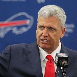 Rex Ryan addresses the media during an NFL football news conference where he was introduced as the new head coach of the Buffalo Bills, Wednesday, Jan. 14, 2015, in Orchard Park, N.Y. (AP Photo/Bill Wippert)
