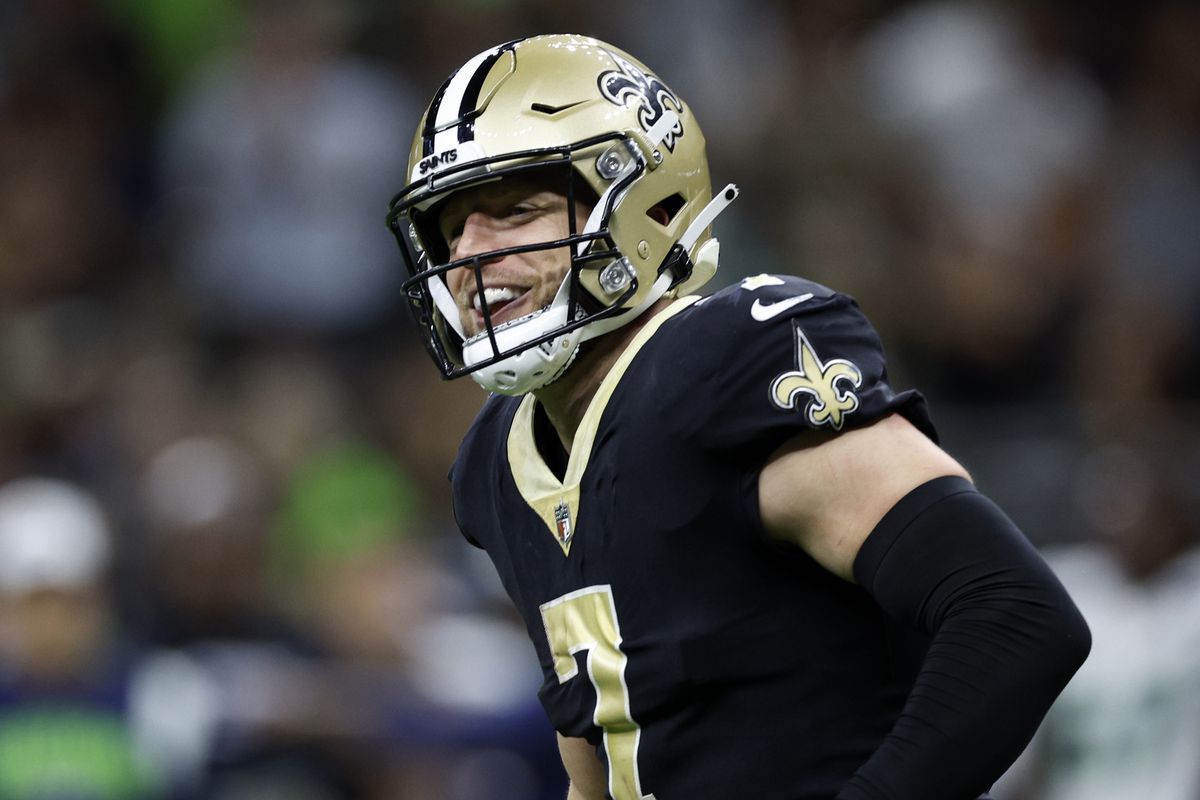 Taysom Hill #7 of the New Orleans Saints reacts after a touchdown against the Seattle Seahawks at Caesars Superdome on October 09, 2022 in New Orleans, Louisiana