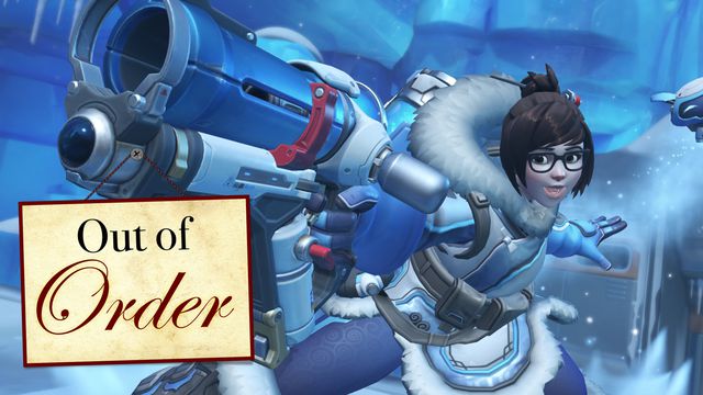 Overwatch 2’s Mei holding her ice gun straight at the camera. It’s got an “out of order” weapon charm.