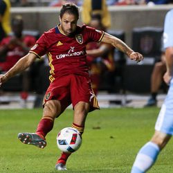 Real Salt Lake forward Juan Manuel Martinez (7) kicks a goal to tie the match at 2 during a U.S. Open Cup game at Rio Tinto Stadium in Sandy on Tuesday, June 14, 2016.