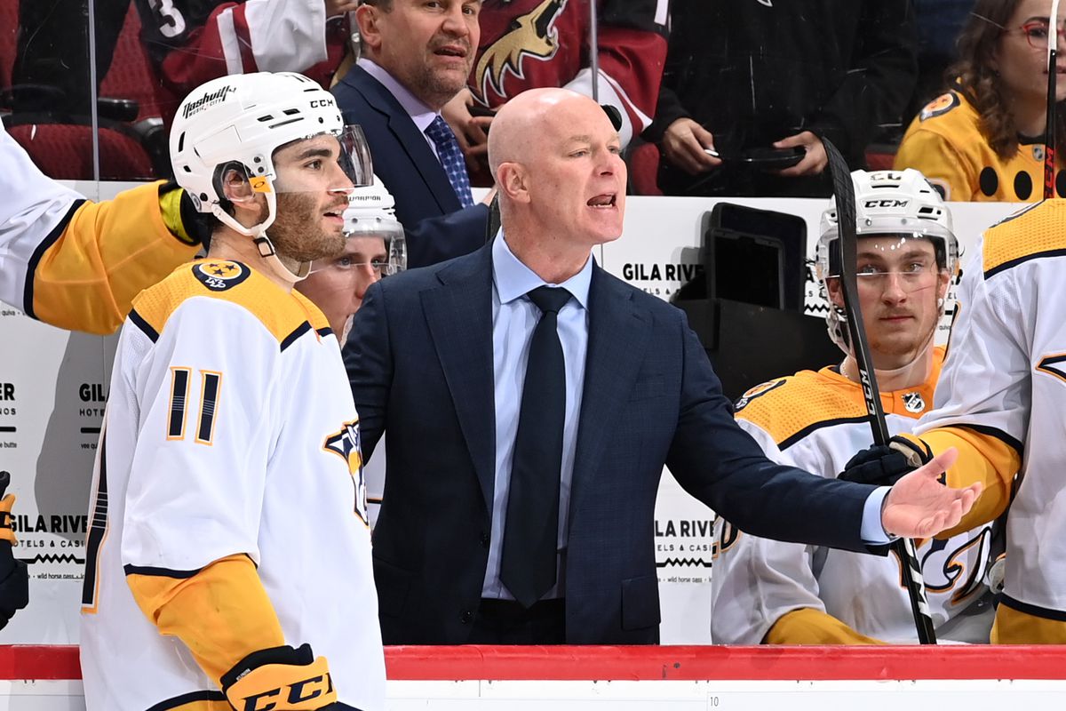 Nashville Predators head coach John Hynes talks to officials during the third period against the Arizona Coyotes at Gila River Arena on January 08, 2022 in Glendale, Arizona.