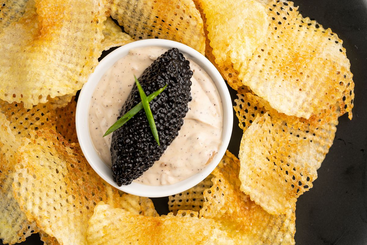 A faux caviar made with sea kelp over potato chips from Crossroads Kitchen.