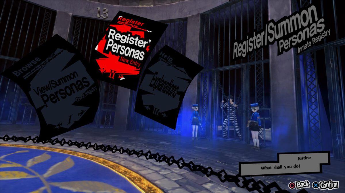 A red, black and white UI menu in the very blue Velvet Chamber prompts the player to Save Contacts