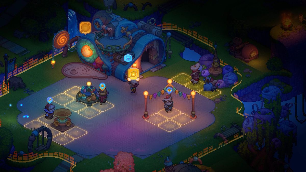 A dark plaza in Bandle City, lit with lamp posts, and portions of the floor have been blocked out for a dance party in Bandle Tale: A League of Legends Story