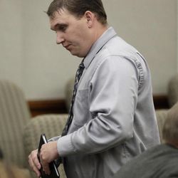 Shon Handrahan appears in court Tuesday, March 17, 2015, in Farmington. Handrahan, who pleaded guilty in a case that spurred lawmakers to revise state law against so-called revenge porn, was sentenced to 60 days in jail. He pleaded guilty last month to two felony counts of distributing pornographic material. Authorities say the 31-year-old sent nude pictures of his estranged wife to her acquaintances in 2012. 