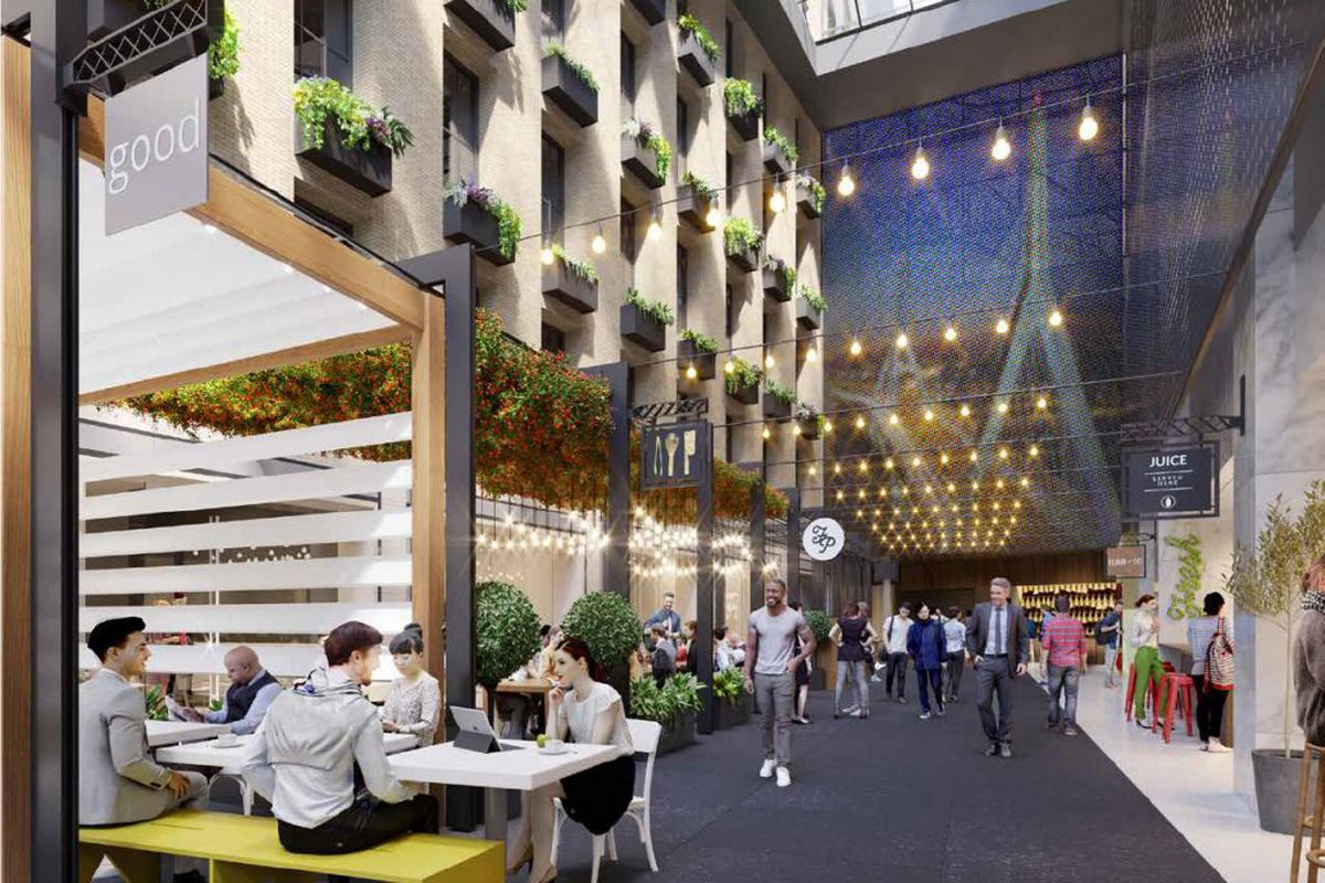 A rendering of the interior of High Street Place, a forthcoming downtown Boston food hall