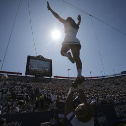 Members of Brigham Young University’s cheer squad perform in Provo on Saturday, Sept. 21, 2019.