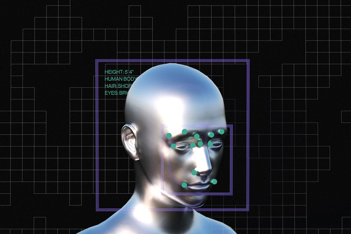 An illustration of a metallic face with illustrative facial tracking points over it.