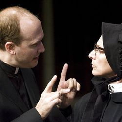 Jeff Talbott as Father Flynn and Greta Lambert as Sister Aloysius in PTC'S Utah premiere of "Doubt."