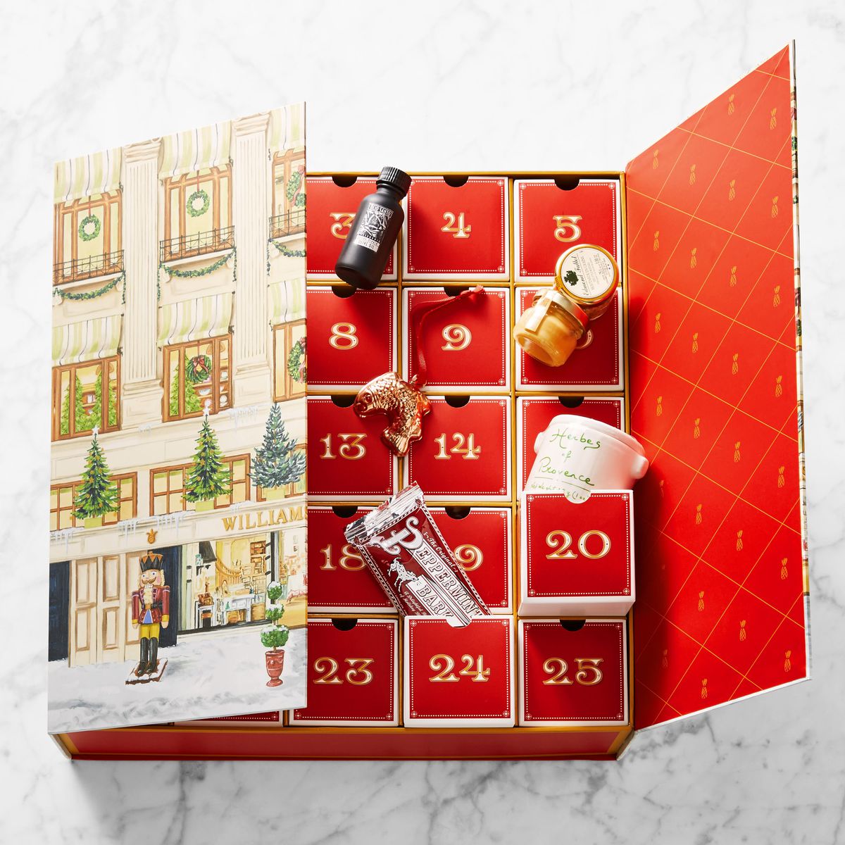 An advent calendar with open drawers