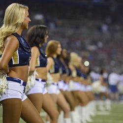 Aug 8, 2014; St. Louis, MO, USA; St. Louis Rams cheerleaders line up before a game against the New Orleans Saints at Edward Jones Dome. Mandatory Credit: Jeff Curry-USA TODAY Sports