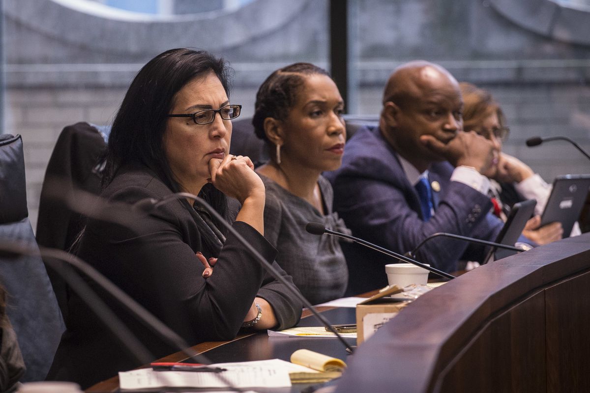 Then state Rep. Linda Chapa Lavia of Aurora, left, at an Illinois House committee in 2017. 