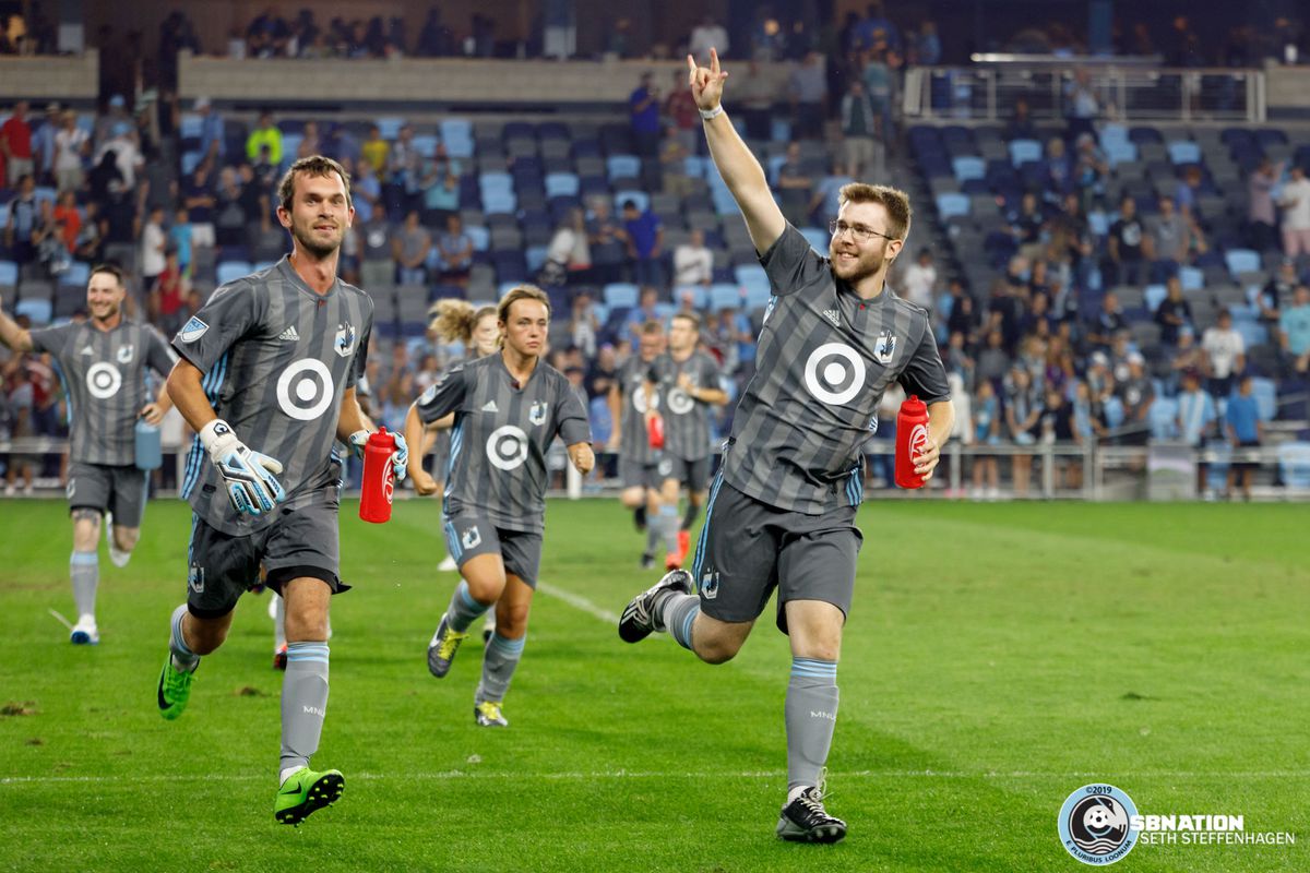 August 14, 2019 - Saint Paul, Minnesota, United States - The Minnesota United Unified Team runs out to the field to take on the Colorado Rapids Unified Team in a match at Allianz Field. 
