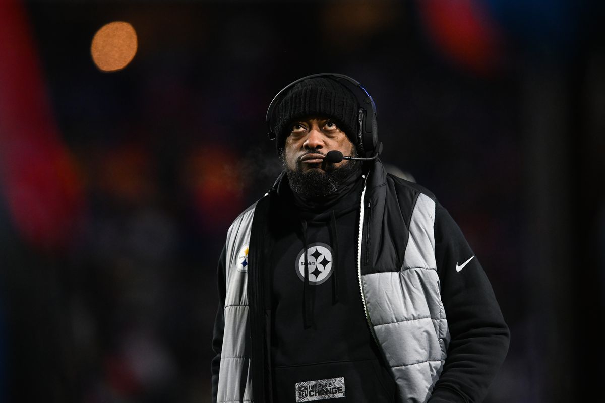 Mike Tomlin, head coach of the Pittsburgh Steelers stands on the sidelines during the first half of the NFL wild-card playoff football game against the Buffalo Bills at Highmark Stadium on January 15, 2024 in Orchard Park, New York.