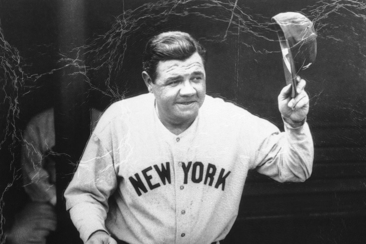Babe Ruth Waving Hat in Dugout