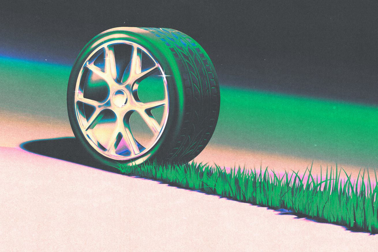 Conceptual illustration showing grass growing from a tire’s skid mark, intended to show the possibility of a future with abundant sustainably made tires.