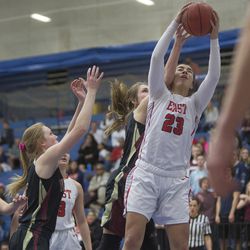 East's Liana Kaitu'u grabs the ball in the East Leopards' 66-56 victory over the Viewmont Vikings in the Class 5A state quarterfinals at Salt Lake Community College in Salt Lake City on Wednesday, Feb. 21, 2018.