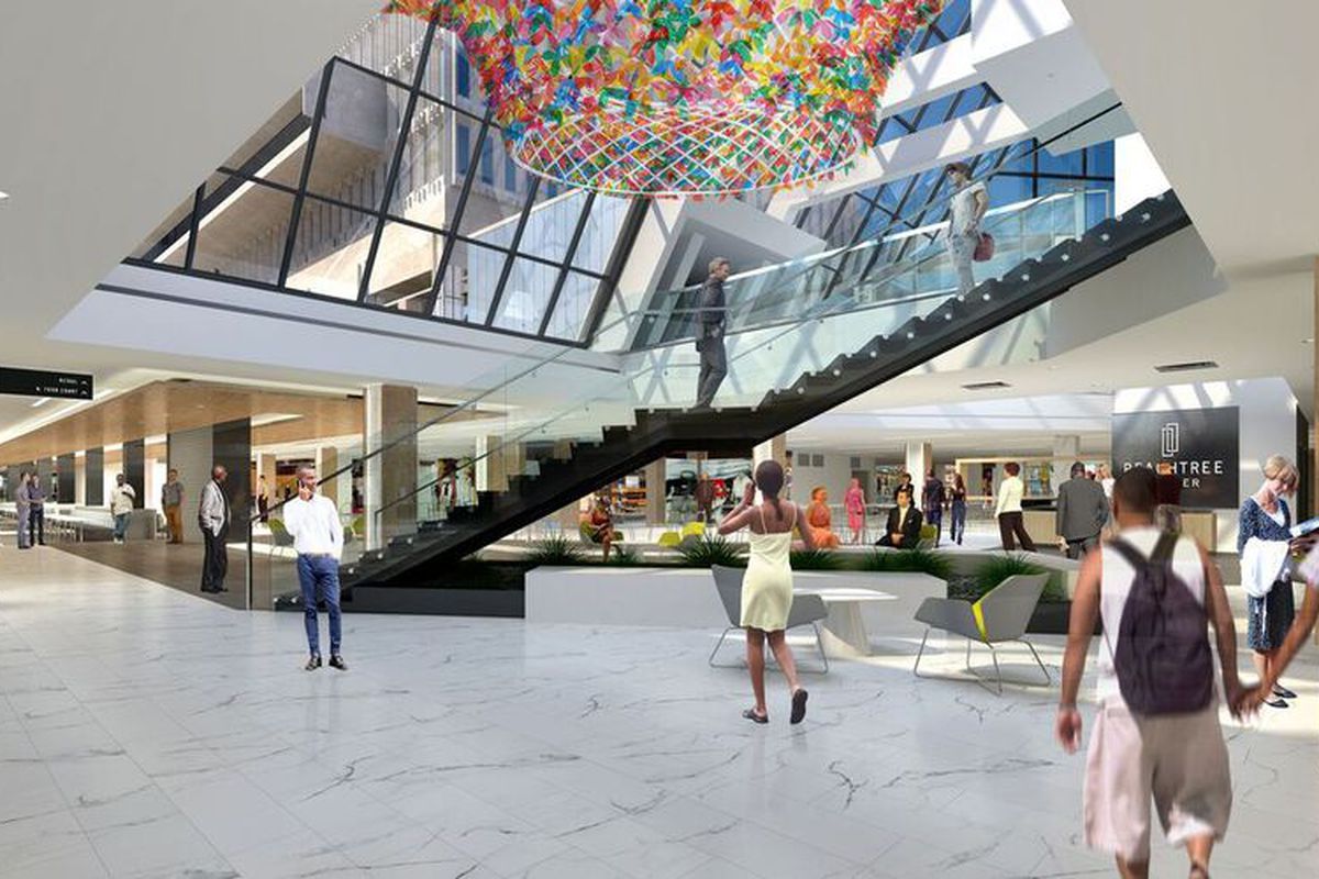 A rendering of the interior of a shopping center (Peachtree Center). There is a glass skylight with colorful lights. There are people walking on the ground floor.