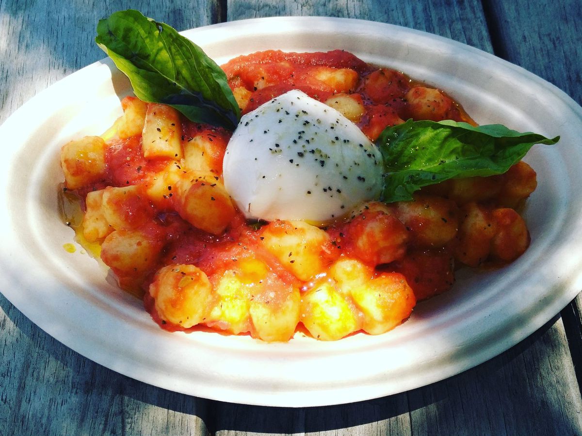 Gnocchi in tomato sauce with a ball of mozzarella and basil leaves on a paper plate