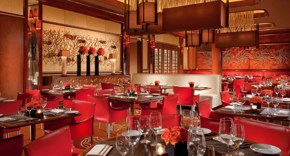 Restaurant interior with bold red accents