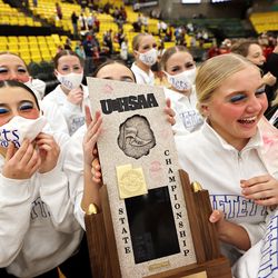 Dixie celebrates their win in the 4A girls Drill Team State Championship at UVU in Orem on Wednesday, Feb. 10, 2021.