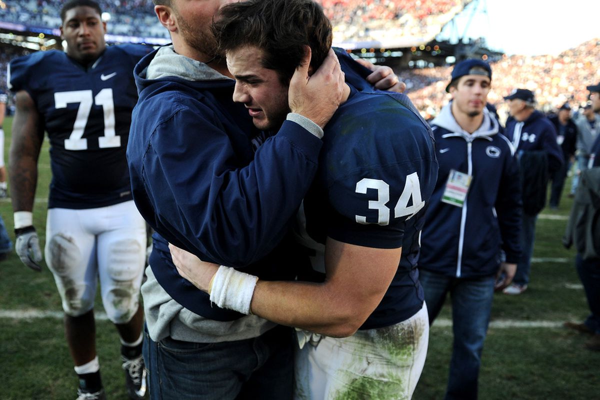 Nathan Stupar #34 of Penn State Nittany Lions reacts after his team lost, 17-14, to Nebraska Cornhuskers at Beaver Stadium on November 12, 2011