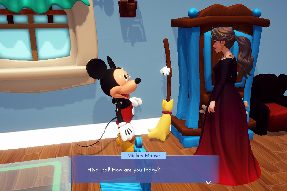mickey mouse looks up at a female player character in a long red dress in Disney Dreamlight Valley