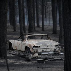 The remains of a vehicle stands among a burned out forest along Holmes Road Thursday, June 13, 2013, during the third day of the Black Forest Fire near Colorado Springs, Colo. 
