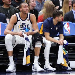 Utah Jazz center Rudy Gobert (27) treats his knee on the sideline during a basketball game against the New York Knicks at the Vivint Smart Home Arena in Salt Lake City on Friday, Jan. 19, 2018.