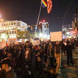 Protesters march against President-elect Donald Trump in downtown Salt Lake City on Sunday, Nov. 6, 2016.