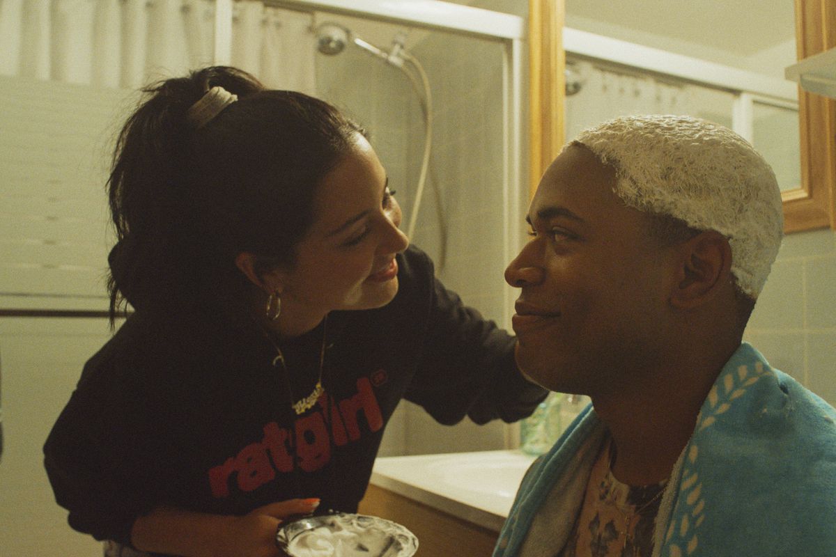 A hair touchup becomes a romantic moment for teens Alexis (Alexa Demie) and Tyler (Kelvin Harrison Jr.) in “Waves.”