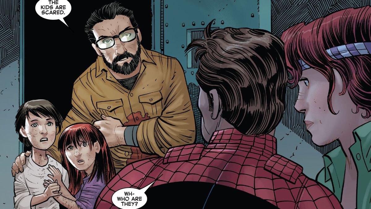“Who are they?” Spider-Man asks Mary Jane about a man in glasses and the two children with him, both of whom look kinda like Mary Jane in Amazing Spider-Man #24 (2023). 